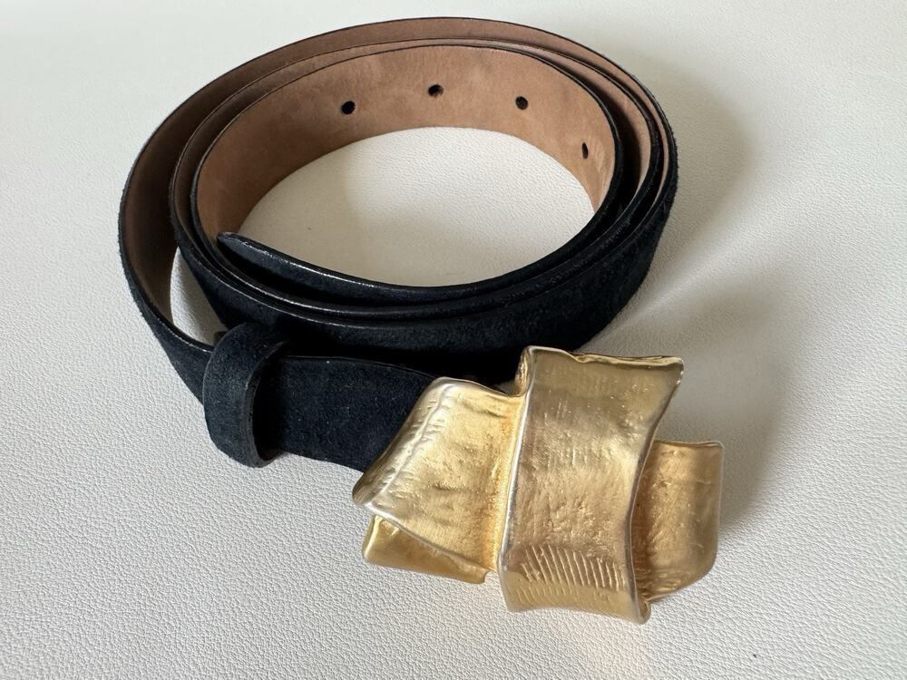 Vintage 90s Donna Karan Belt Italy Black Leather Suede Gold Buckle Luxury Large